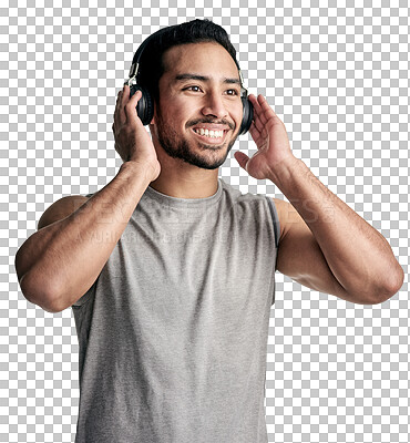 Buy stock photo Fitness, smile and man with music headphones isolated on a transparent png background. Radio, sports and happy Asian athlete listening to podcast, audio or sound after workout, training or exercise.