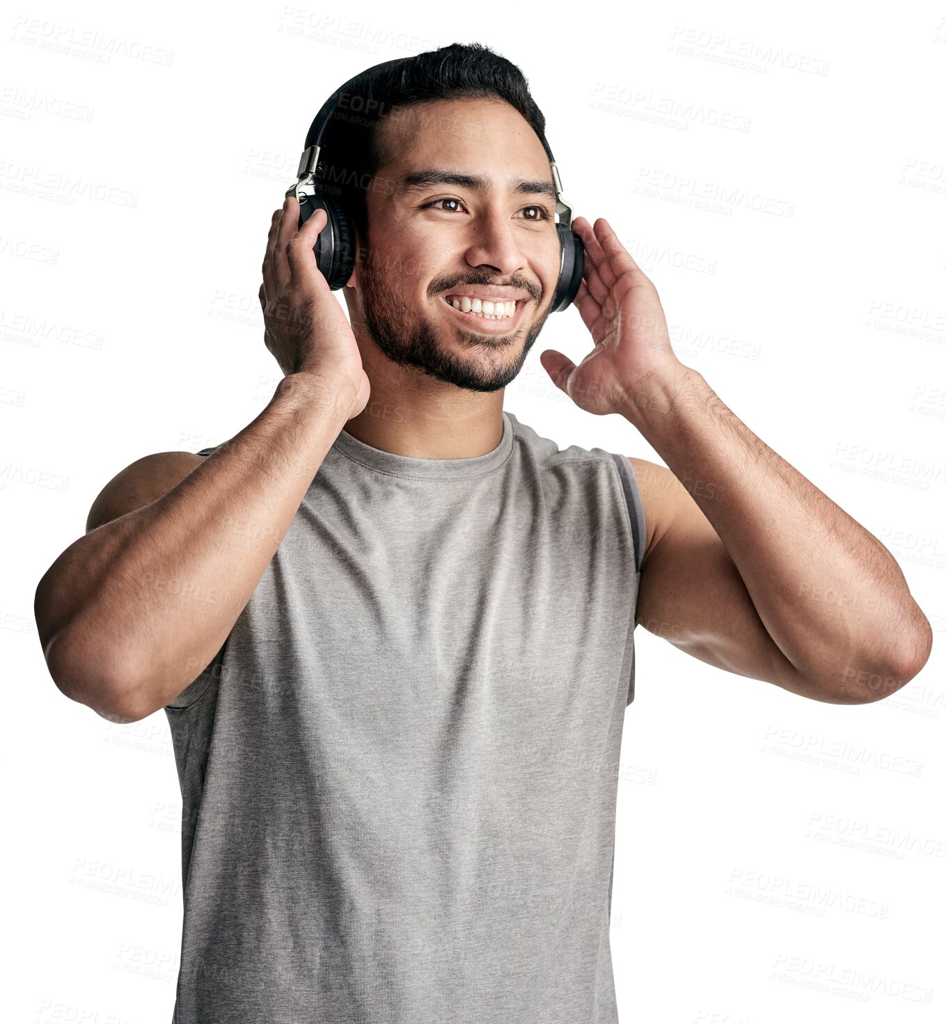 Buy stock photo Fitness, smile and man with music headphones isolated on a transparent png background. Radio, sports and happy Asian athlete listening to podcast, audio or sound after workout, training or exercise.