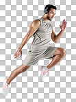 PNG studio shot of a sporty young man wearing headphones and jumping against a white backgroundisolated on a transparent PNG background