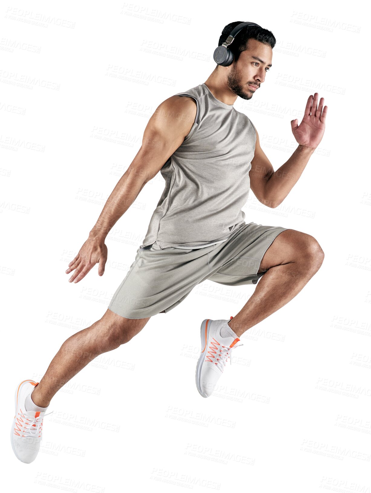 Buy stock photo Running, exercise and man with music headphones isolated on a transparent png background. Radio, sports and Asian athlete listen to podcast, audio or sound during cardio workout, training or fitness