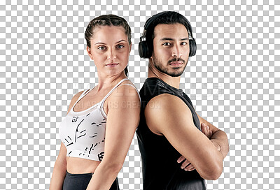 PNG studio portrait of a sporty young man and woman posing together against  a white backgroundisolated on a transparent PNG background