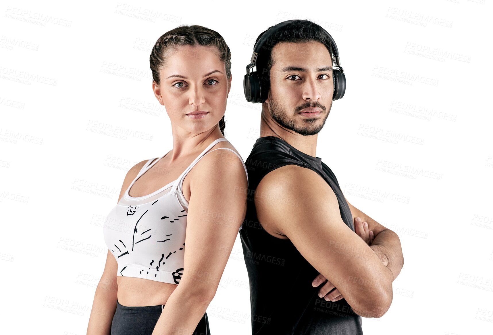 Buy stock photo Portrait, man and woman with fitness, sports and friends isolated on a transparent background. Male person, female athlete or gym buddies with support, exercise and training with workout goal or png 