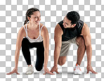 PNG studio shot of a sporty young man and woman in starting position against a white background