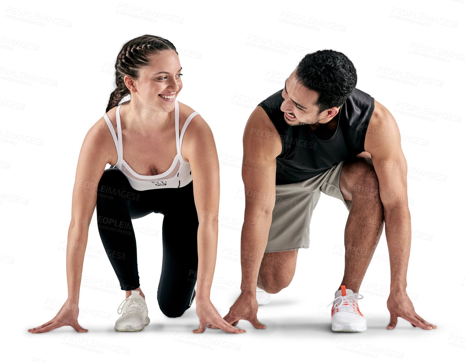 Buy stock photo Runner, ready and couple of friends in fitness competition, training challenge or support on floor. Personal trainer, woman or young sports people start running isolated on transparent png background