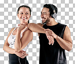 PNG studio shot of a sporty young man and woman posing together against a white background