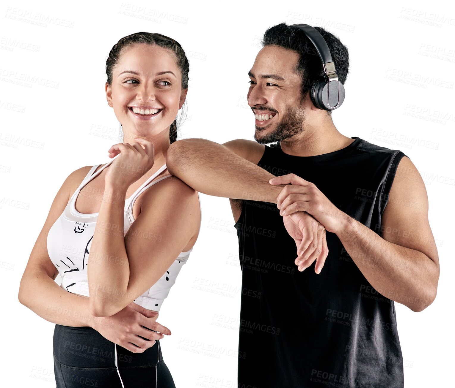 Buy stock photo Happy, fitness and couple of friends for exercise, health workout and training for support. Personal trainer, woman or young sports people talking of gym ideas isolated on transparent, png background