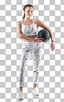 PNG studio portrait of a sporty young woman holding an exercise ball against a white background