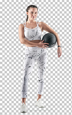 Buy stock photo Portrait, fitness and ball with a sports woman isolated on a transparent background for a health workout. Exercise, training and health with a young female athlete in sportswear for wellness on PNG