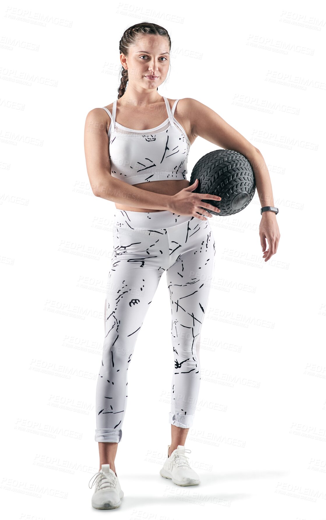 Buy stock photo Portrait, fitness and ball with a sports woman isolated on a transparent background for a health workout. Exercise, training and health with a young female athlete in sportswear for wellness on PNG