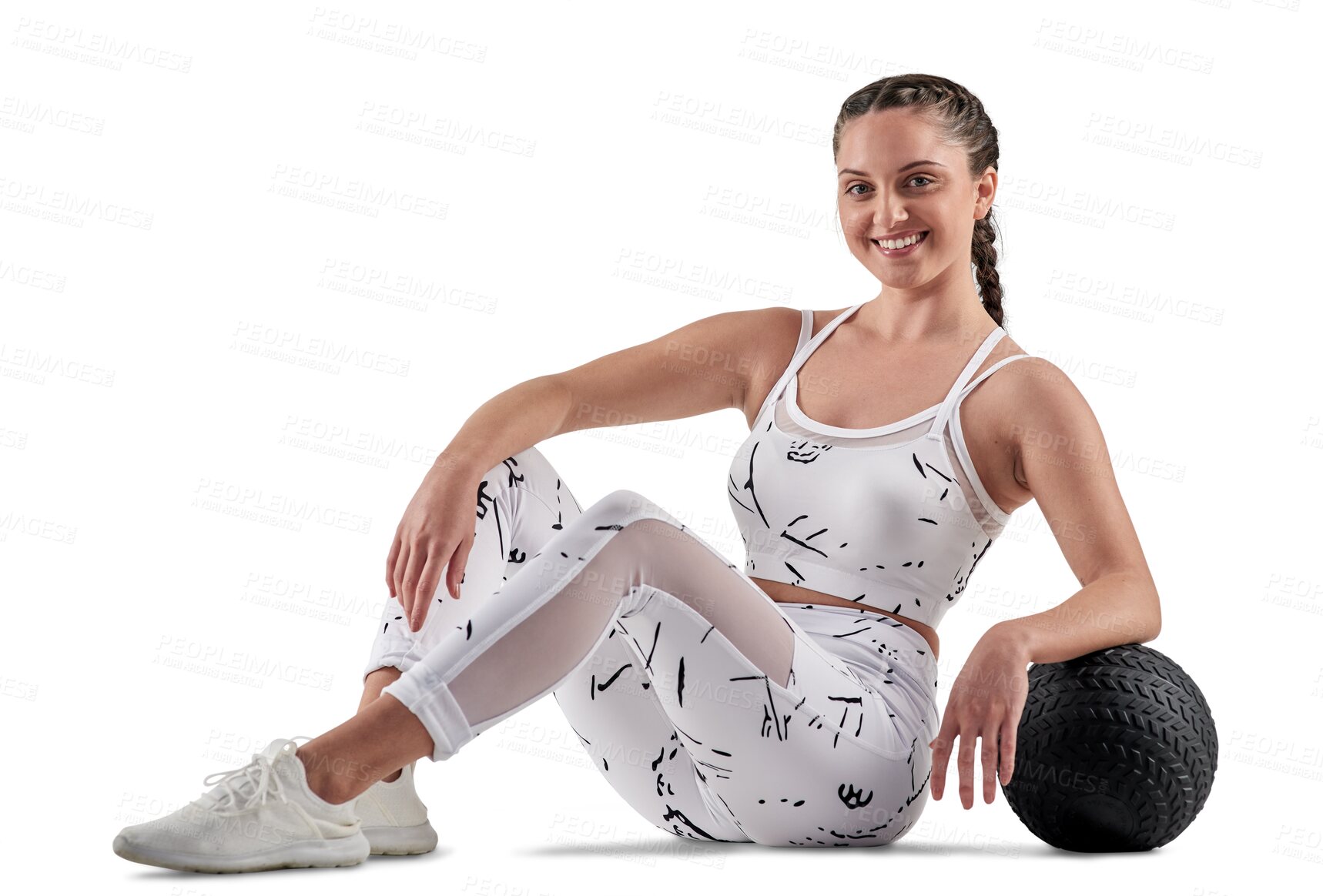 Buy stock photo Portrait, exercise and ball with a sports woman isolated on a transparent background for a health workout. Fitness, training and health with a young female athlete in sportswear for wellness on PNG