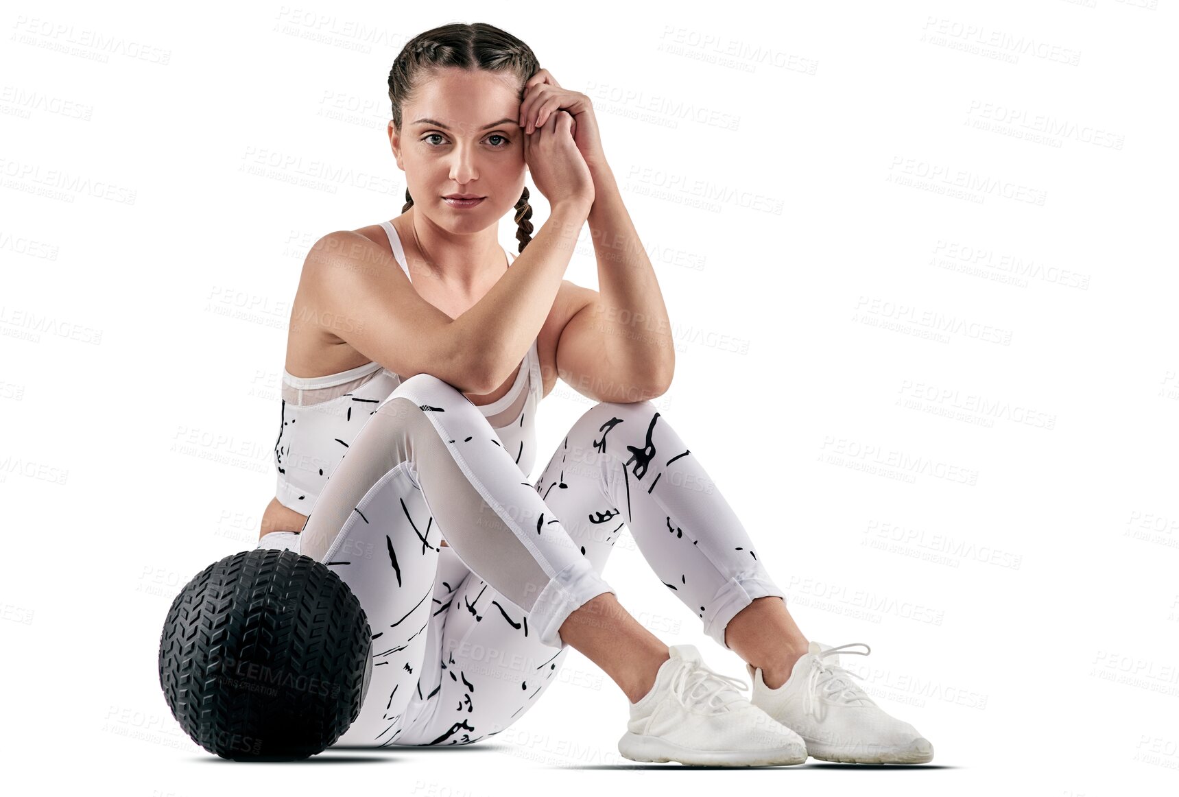 Buy stock photo Portrait, workout and exercise ball with a sports woman isolated on a transparent background for a health workout. Fitness, training and health with a young female athlete in sportswear on PNG