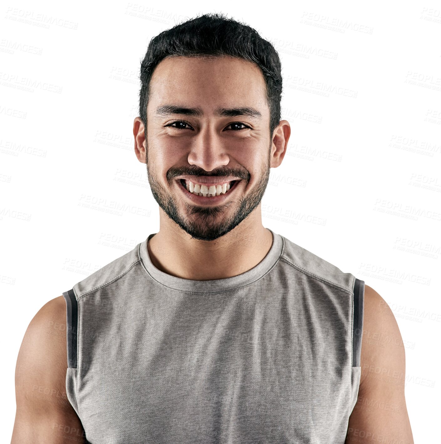 Buy stock photo Fitness, happy and portrait of a young man after a strength training workout with motivation. Sports, confidence and headshot of a male athlete after a exercise isolated by transparent png background