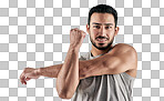 PNG studio portrait of a muscular young man stretching his arms against a white backgroundisolated on a transparent PNG background