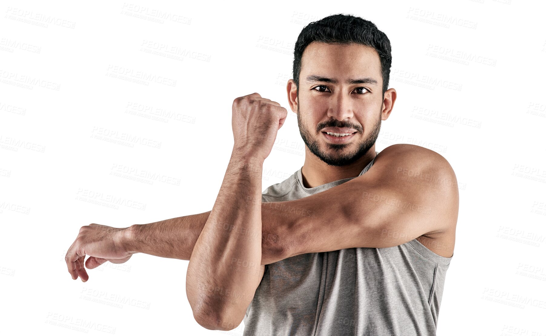 Buy stock photo Stretching, fitness and with portrait of man on transparent background for sports, workout or exercise. Muscle, start and warm up with face of person isolated on png for strong , training or health