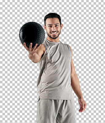 Buy stock photo Isolated young man, exercise ball and portrait with smile, pride and health for sport by transparent png background. Guy, personal trainer and happy for sports, workout and training with motivation