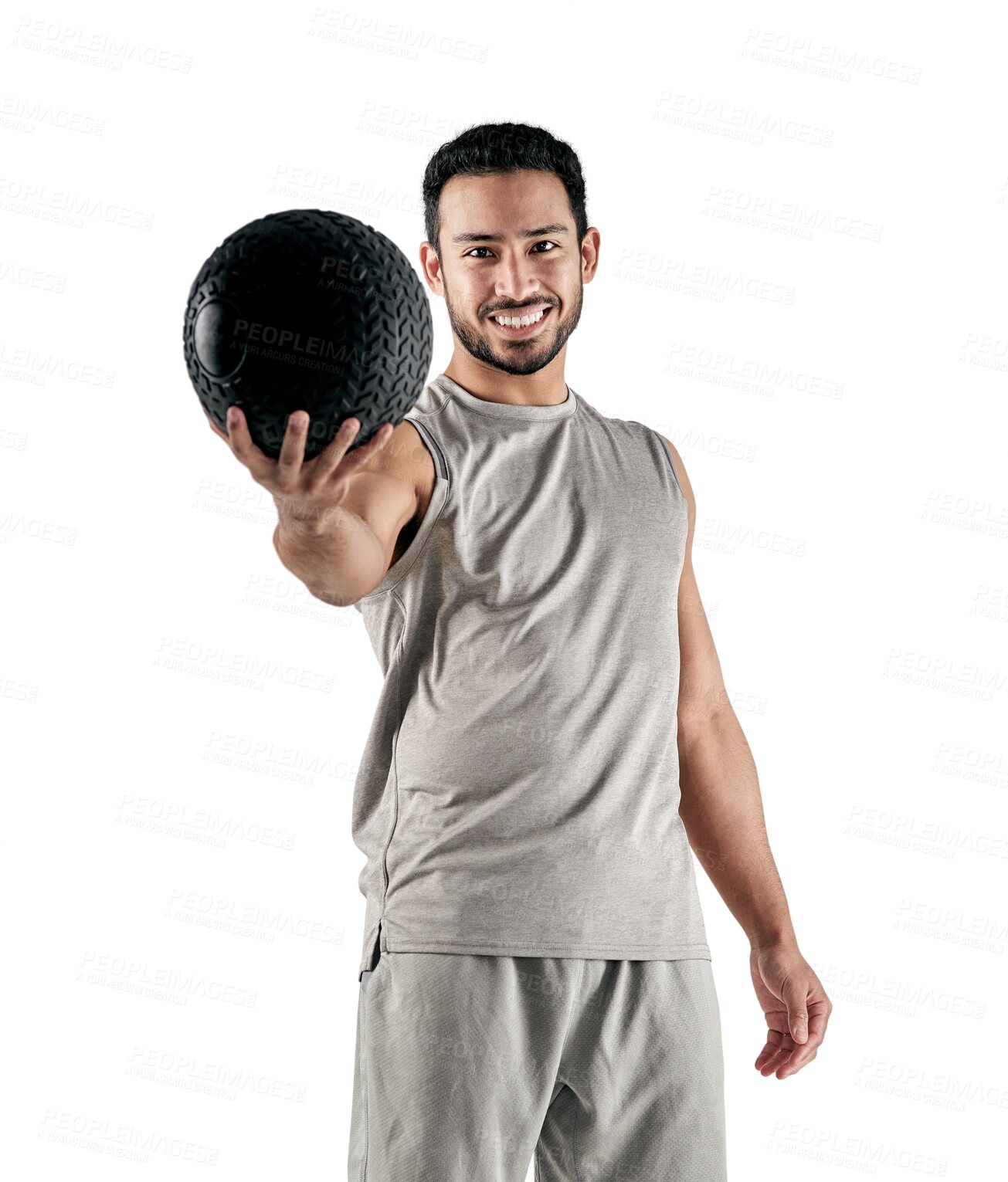 Buy stock photo Isolated young man, exercise ball and portrait with smile, pride and health for sport by transparent png background. Guy, personal trainer and happy for sports, workout and training with motivation