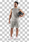 PNG studio shot of a muscular young man holding an exercise ball against a white background