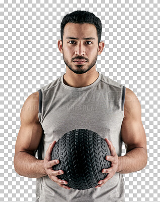 Buy stock photo Man, medicine ball and portrait, fitness and healthy active life isolated transparent png background. Health, wellness and sport, serious male athlete training with equipment and confident in workout