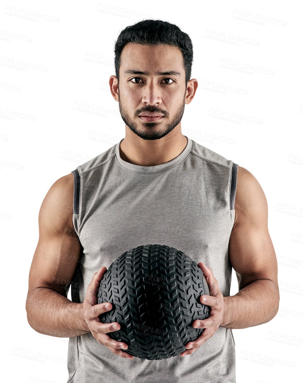 Buy stock photo Man, medicine ball and portrait, fitness and healthy active life isolated transparent png background. Health, wellness and sport, serious male athlete training with equipment and confident in workout