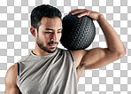 PNG studio shot of a muscular young man holding an exercise ball against a white backgroundisolated on a transparent PNG background