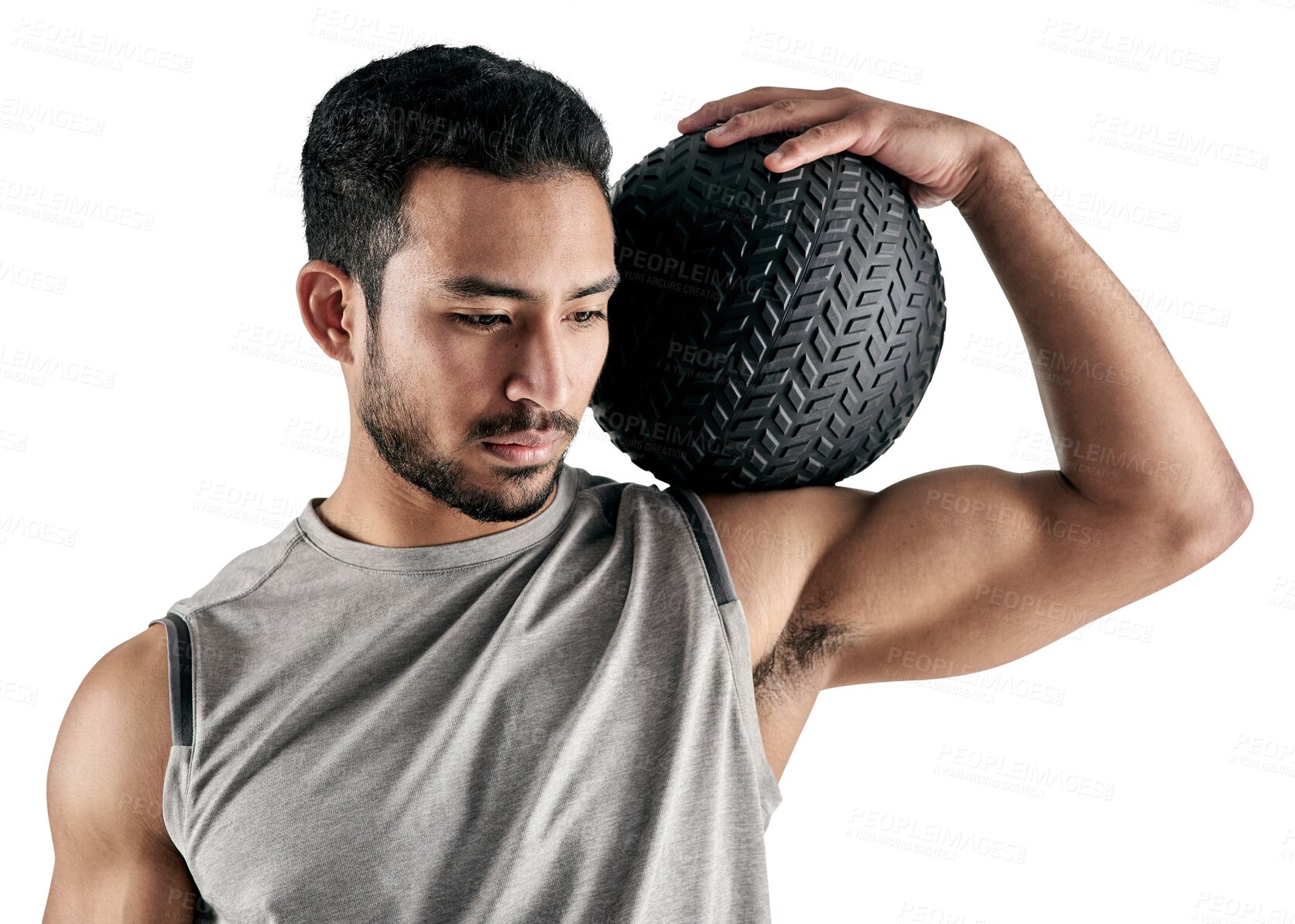 Buy stock photo Man, medicine ball and thinking about exercise with muscle and strong person with active life isolated transparent png background. Health, sports mindset and male athlete with fitness equipment