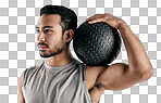 PNG studio shot of a muscular young man holding an exercise ball against a white backgroundisolated on a transparent PNG background