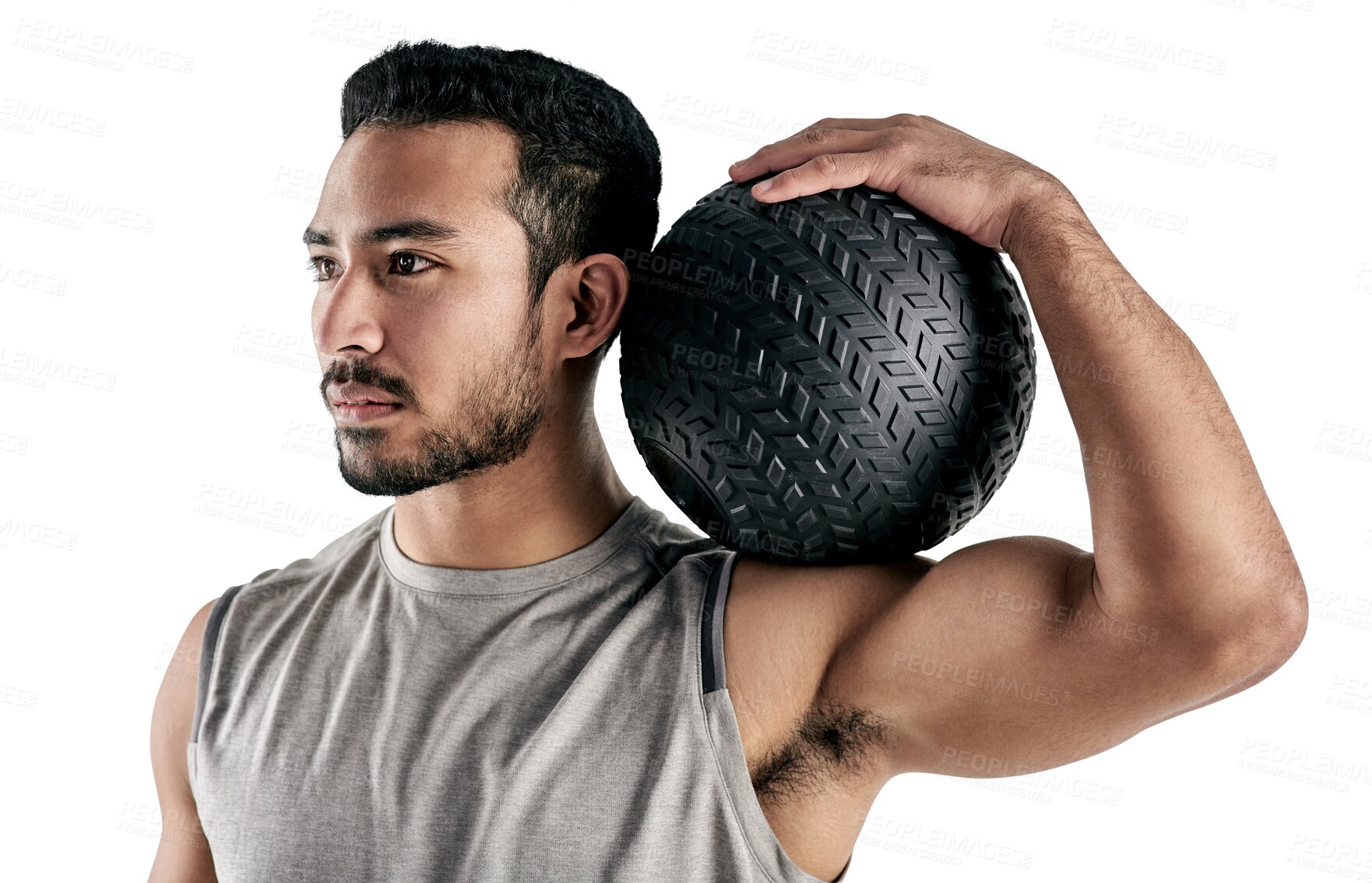 Buy stock photo Man, medicine ball and exercise with muscle and strong person has active life isolated transparent png background. Health, wellness and sports and male athlete with fitness equipment and training