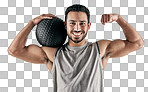 PNG studio portrait of a muscular young man flexing while holding an exercise ball against a white background