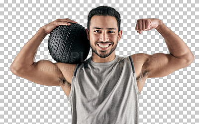 Buy stock photo Isolated bodybuilder man, ball and flex muscle in portrait for fitness, exercise or healthy by transparent png background. Guy, personal trainer or equipment for workout, training or gym for health