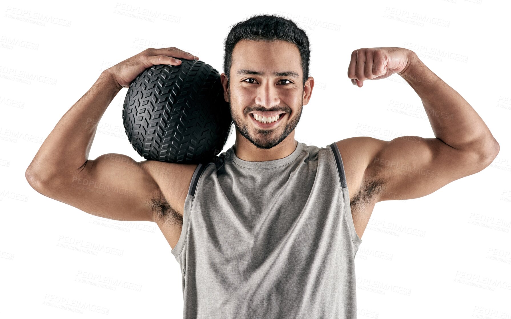 Buy stock photo Isolated bodybuilder man, ball and flex muscle in portrait for fitness, exercise or healthy by transparent png background. Guy, personal trainer or equipment for workout, training or gym for health