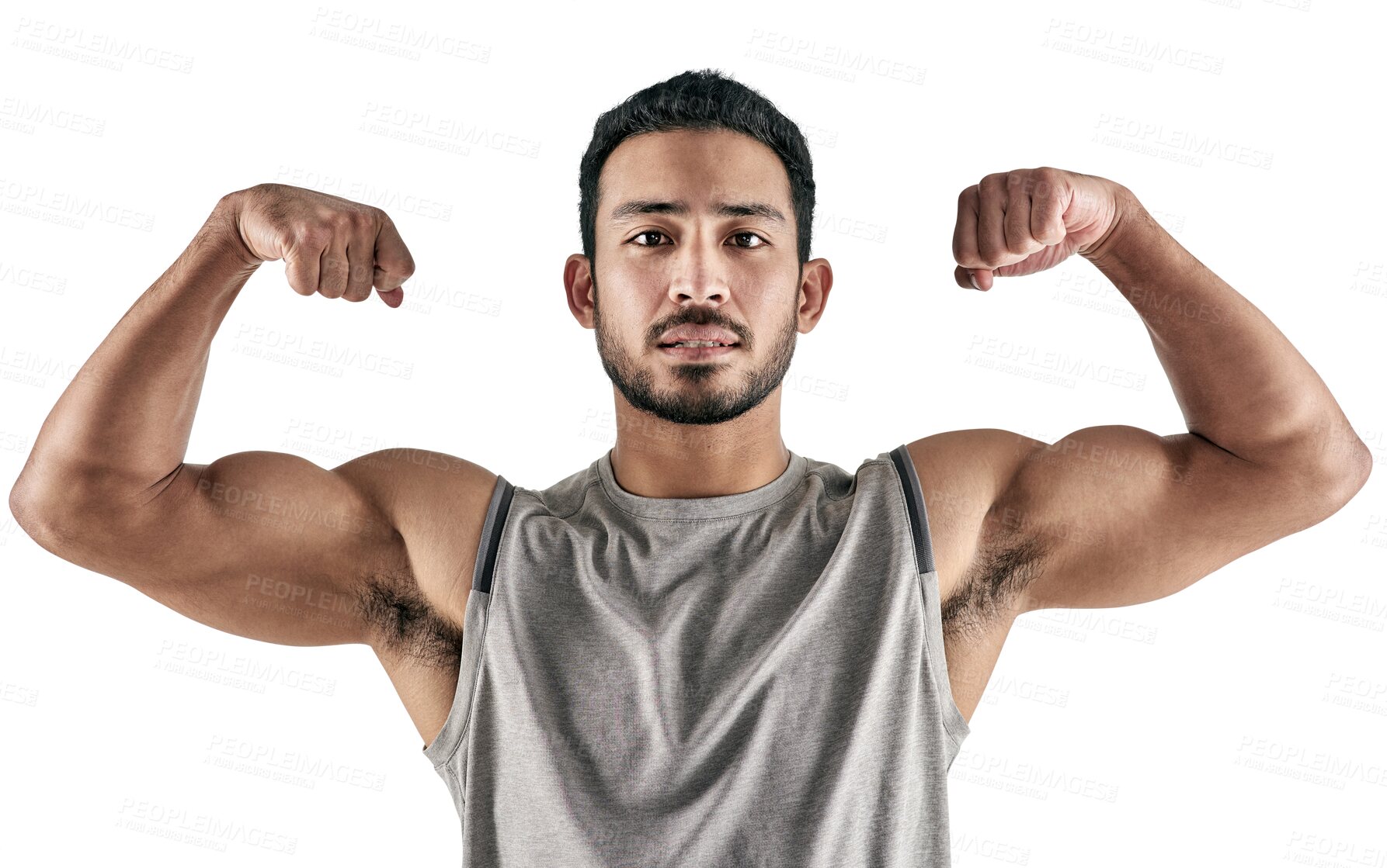 Buy stock photo Portrait, muscle and man flexing with fitness, workout goal and athlete isolated on a transparent background. Face, male person and bodybuilder flex arms, progress and strong with exercise and png