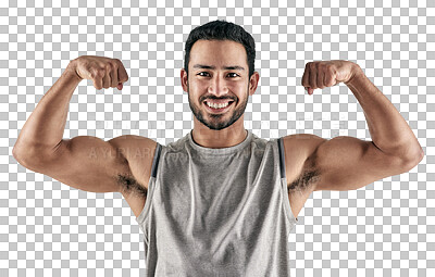 Buy stock photo Portrait, muscle and man flexing, progress and healthy athlete isolated on a transparent background. Face, male person and bodybuilder flex arms, wellness and strong with png, power and workout goal