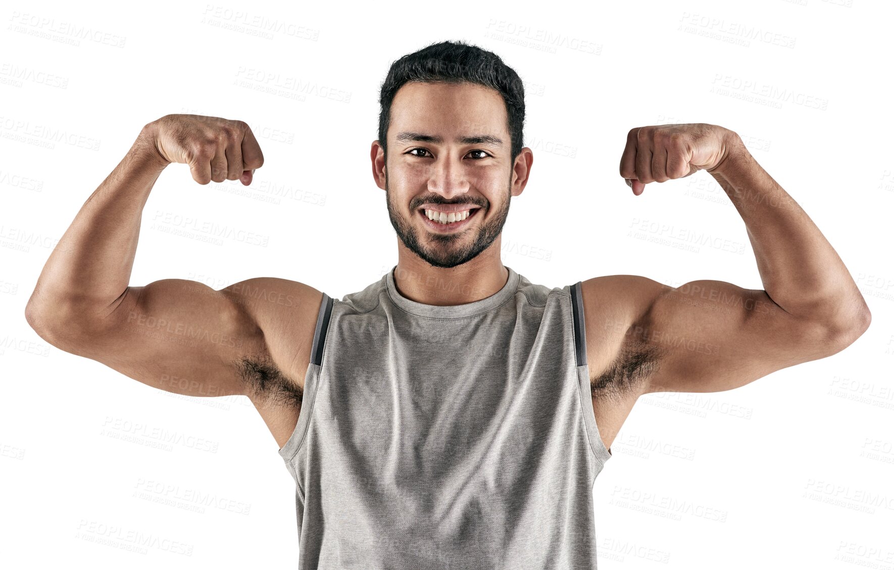 Buy stock photo Portrait, muscle and man flexing, progress and healthy athlete isolated on a transparent background. Face, male person and bodybuilder flex arms, wellness and strong with png, power and workout goal