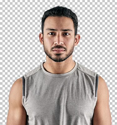 Buy stock photo Sports, serious and portrait of a young man after a strength training workout with motivation. Fitness, confidence and headshot of a male athlete after exercise isolated by transparent png background