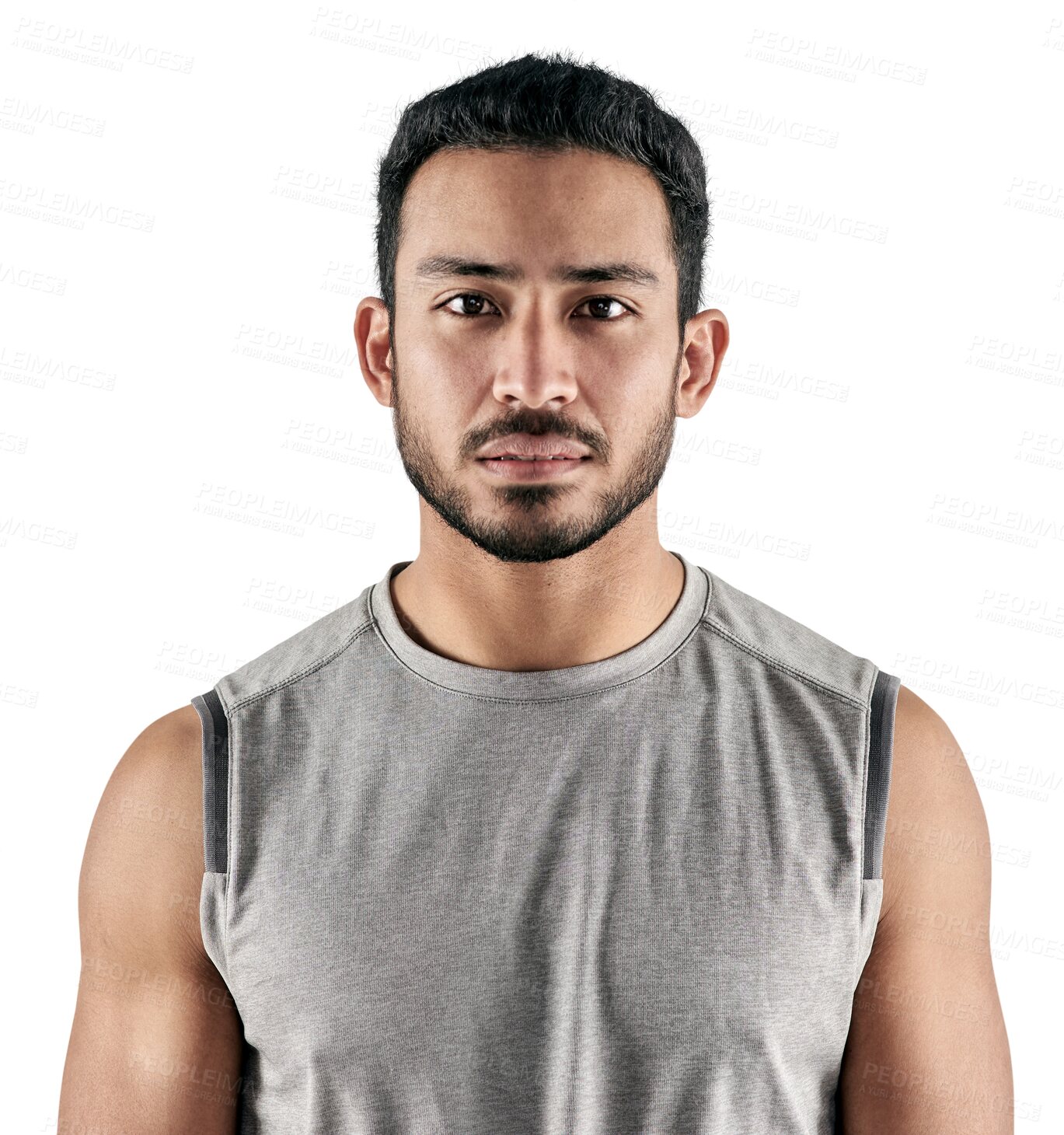 Buy stock photo Sports, serious and portrait of a young man after a strength training workout with motivation. Fitness, confidence and headshot of a male athlete after exercise isolated by transparent png background