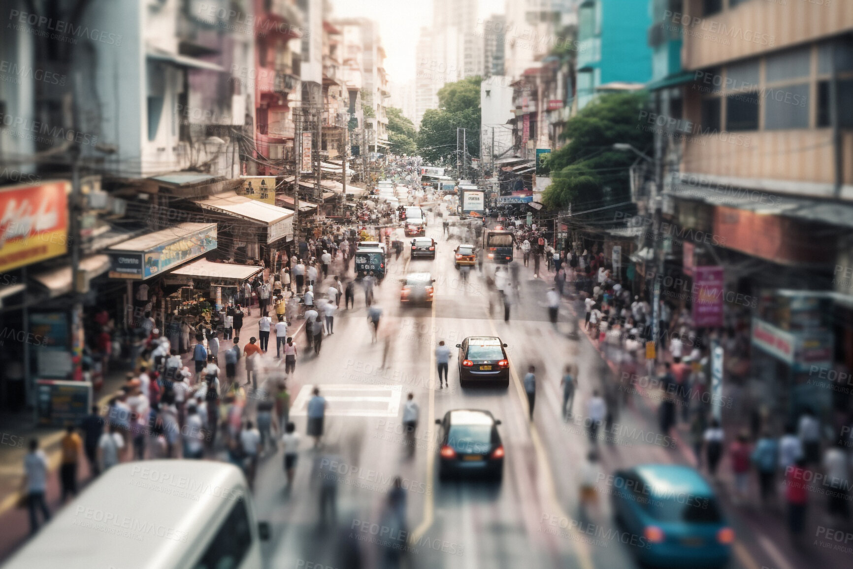 Buy stock photo City, motion blur and people with public transport on street for holiday, vacation and routine commute. Ai generated, pedestrian and people with speed cars in fast, rush and busy travel in downtown