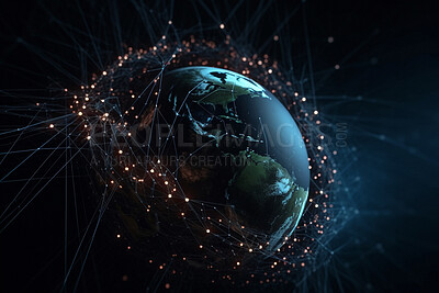 World, pattern and networking grid for communication, community and society connection. Earth, globalization and ai generated planet with line, abstract design or geometric link of universal software