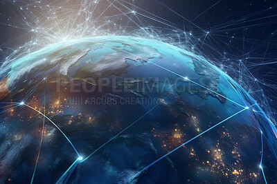 World, pattern and networking grid for communication, community and society connection. Earth, globalization and ai generated planet with line, abstract design or geometric link of universal software