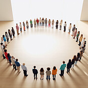 Top view, group and circle for group therapy, social support and ...