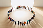 Top view, group and circle for group therapy, social support and psychology counselling on mockup space. Above, diversity and ai generated people in shape for community, counseling and team building