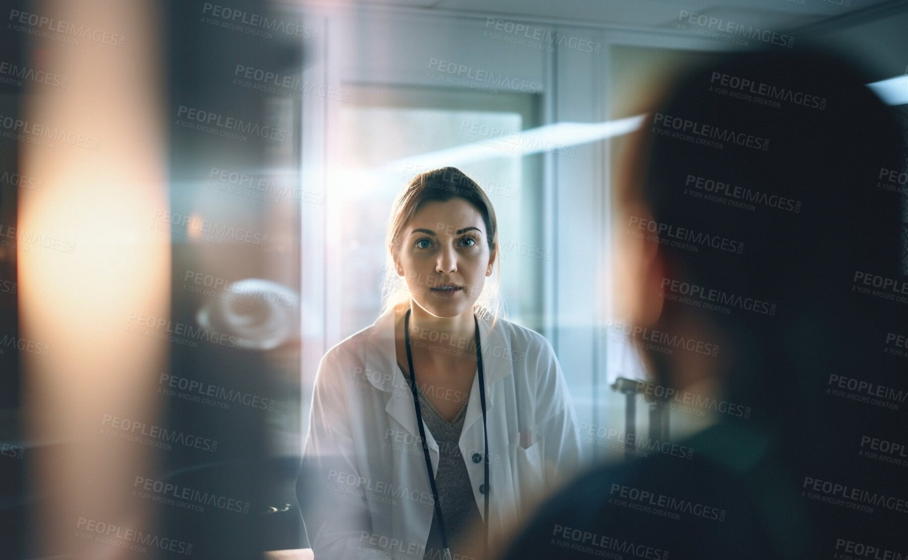 Buy stock photo Woman doctor, consultation and patient in hospital for surgery results, healthcare and wellness checkup. Talking, female person and ai generated gp in medical appointment for routine medicine visit