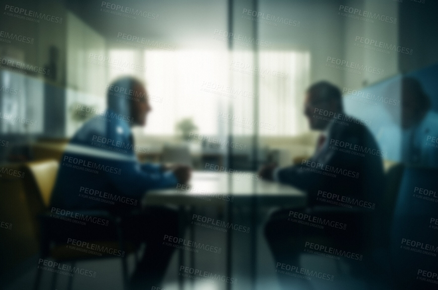 Buy stock photo Blurred, business people and team meeting in hospital for surgery budget planning, wellness and future healthcare insurance. Ai generated, medical and collaboration in clinic boardroom for funding