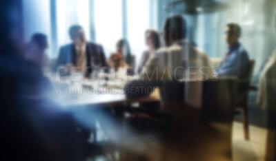 Blurred, business people and team meeting in hospital for surgery budget planning, wellness and future healthcare insurance. Ai generated, medical and collaboration in clinic boardroom for funding