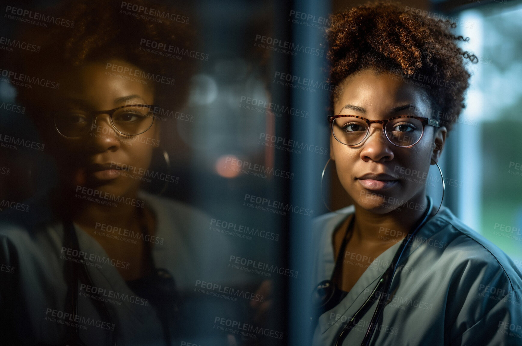 Buy stock photo Black woman, nurse and face in hospital with trust, confidence and serious in medical clinic for professional about us. African portrait, ai generated and healthcare worker working late at night