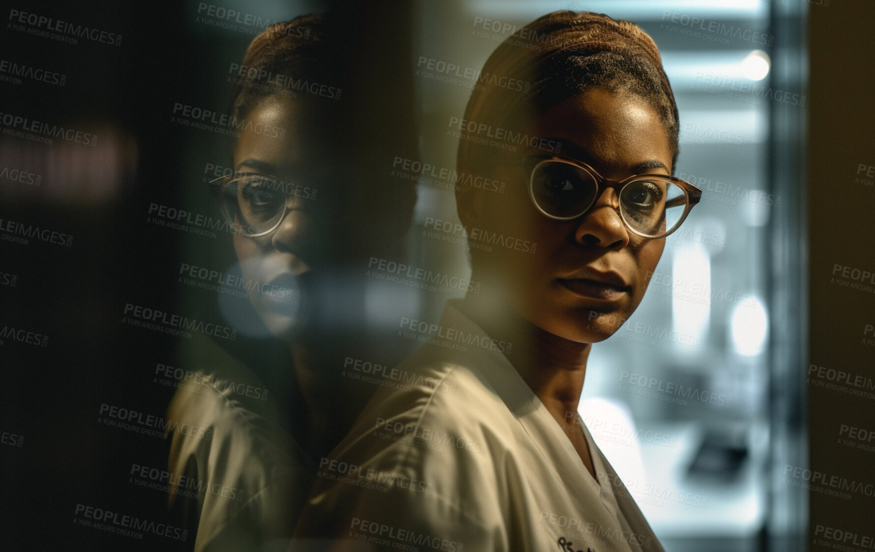 Buy stock photo Black woman, doctor and face in hospital with trust, confidence and serious in medical clinic for professional about us. African gp portrait, ai generated and healthcare worker working late at night