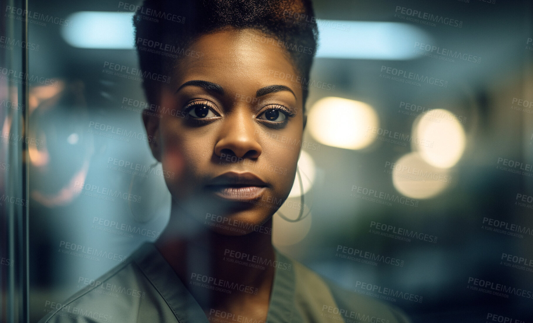 Buy stock photo Black woman, nurse and face at night in hospital with trust, confidence or pride while working late in medical clinic. Doctor portrait, serious or ai generated healthcare worker on mockup bokeh space