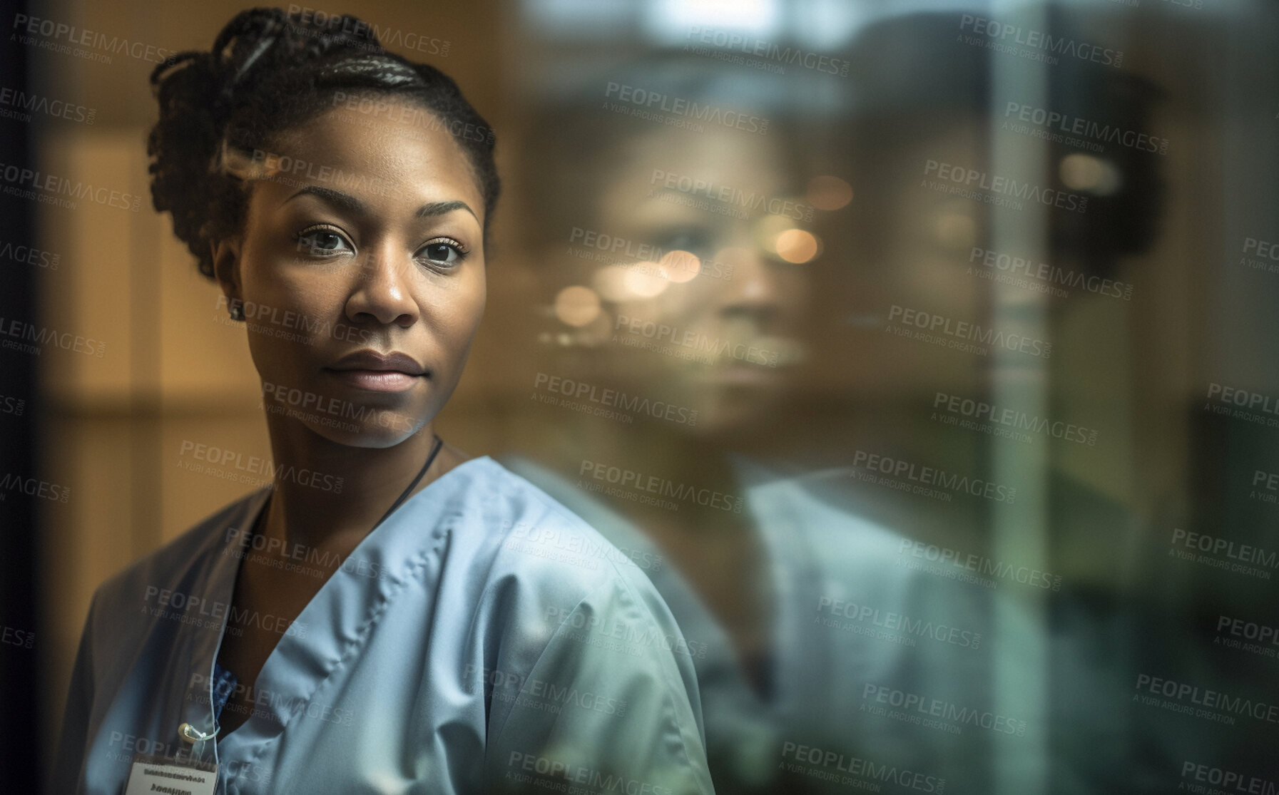 Buy stock photo Black woman, nurse and face in hospital with trust, confidence and serious in medical clinic for professional about us. African portrait, ai generated and healthcare worker working late at night