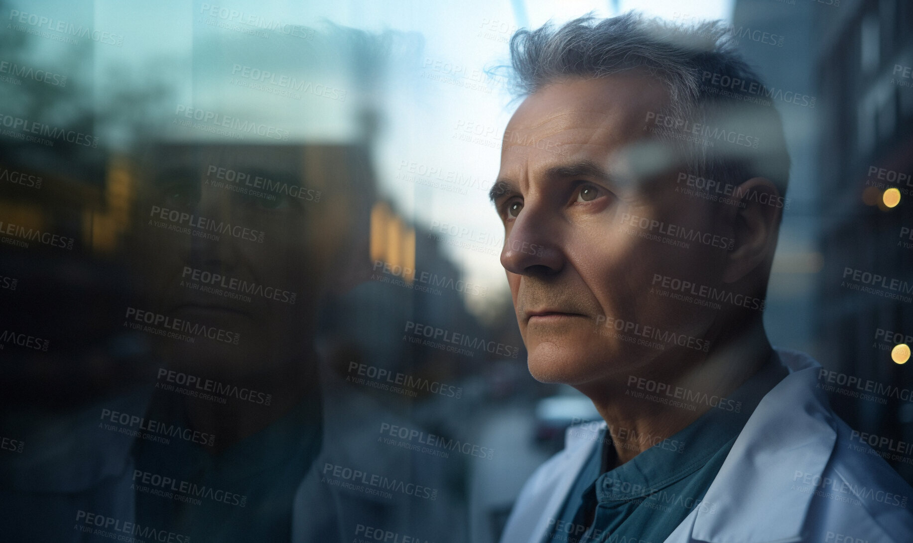 Buy stock photo Mature man, doctor and thinking by hospital window with healthcare vision, ideas and future wellness planning. Ai generated, worker and medical professional by mockup space and working late in clinic