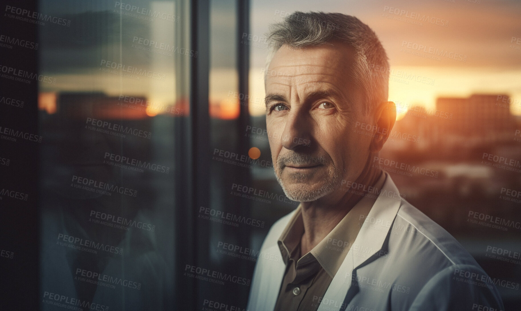 Buy stock photo Mature, doctor or face at night by hospital with trust, confidence and pride while working late by medical clinic. Gp portrait, serious or ai generated healthcare worker at city sunrise or sunset