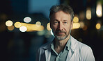 Mature, doctor or face at night by hospital with trust, confidence and pride while working late by medical clinic. Gp portrait, serious or ai generated healthcare worker on city mockup or bokeh space